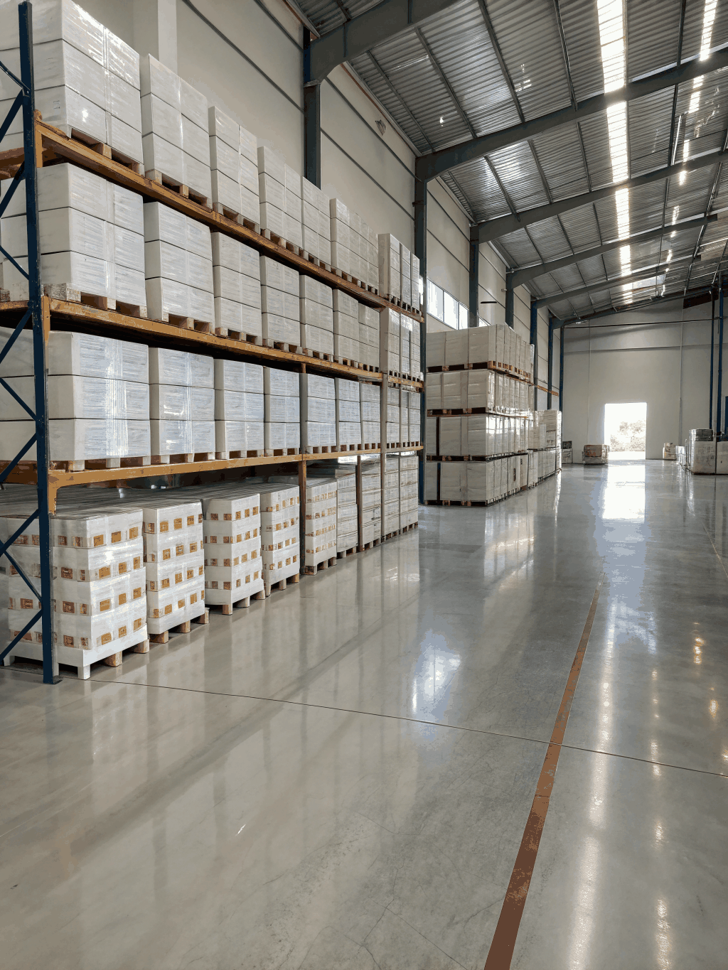 Rows of premium aluminum profiles stored in our UAE warehouse facility